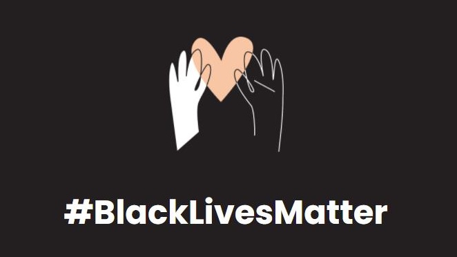 Illustration of two hands holding a heart with text that says #BlackLivesMatter
