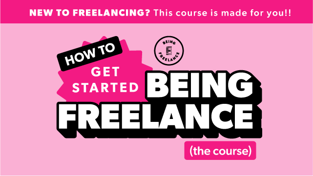 Image has text 'How to get started being freelance' alongside a laptop showing the course in action