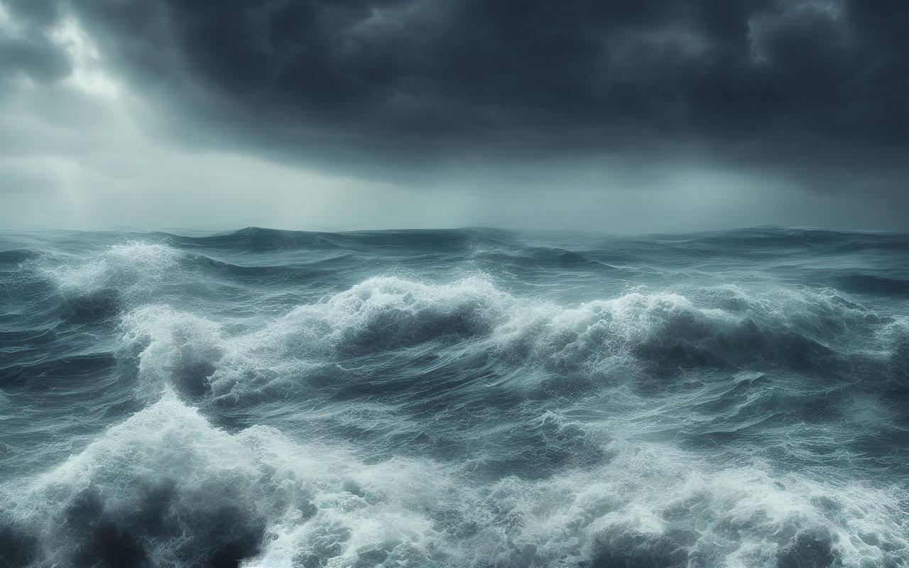 A Stormy Ocean with Big Waves. Overhead, Thick Heavy Black Clouds Swirl. Rain Falls from the Clouds in the Background.
