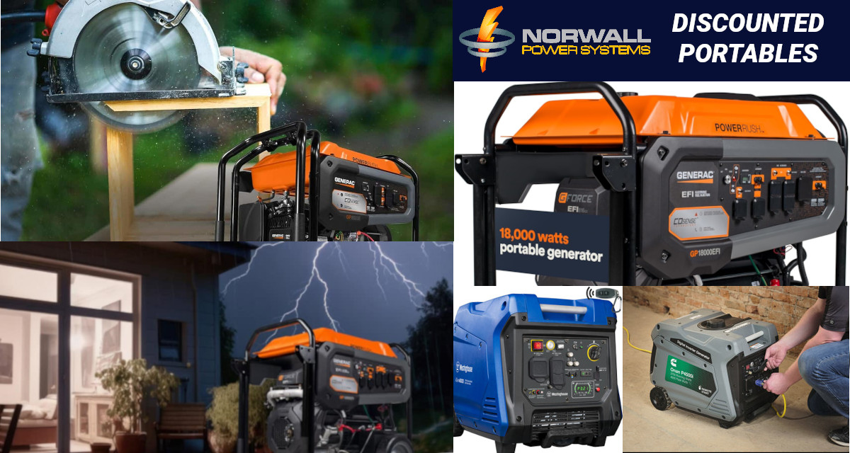 Collage of Portable Generators with a power saw cutting wood, a home with lights during a severe thunderstorm, and a heavy duty 18000 Watt Generator for home backup, large job sites, or events. Text Reads "Discounted Portables. Norwall PowerSystems Cyclone Lightning Bolt Logo
