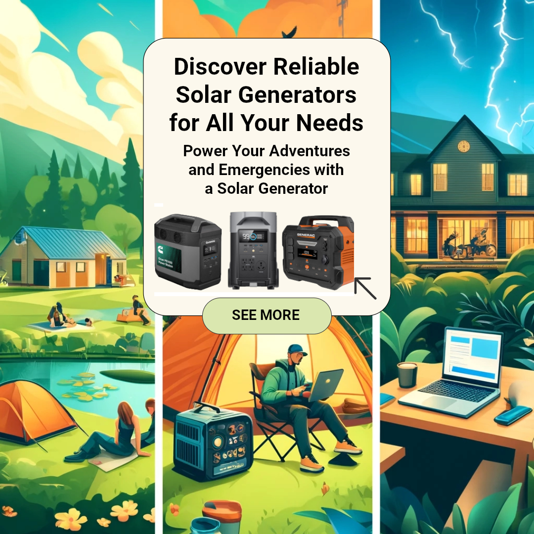 A collage of comic panels- solar generator possible uses including camping, picnics, working on a laptop, power during a power outage. Each scene includes a solar generator, and is outdoors with a background that includes the sky and terrain like forest, hills, pond, grass, and plants. AI Generated Images