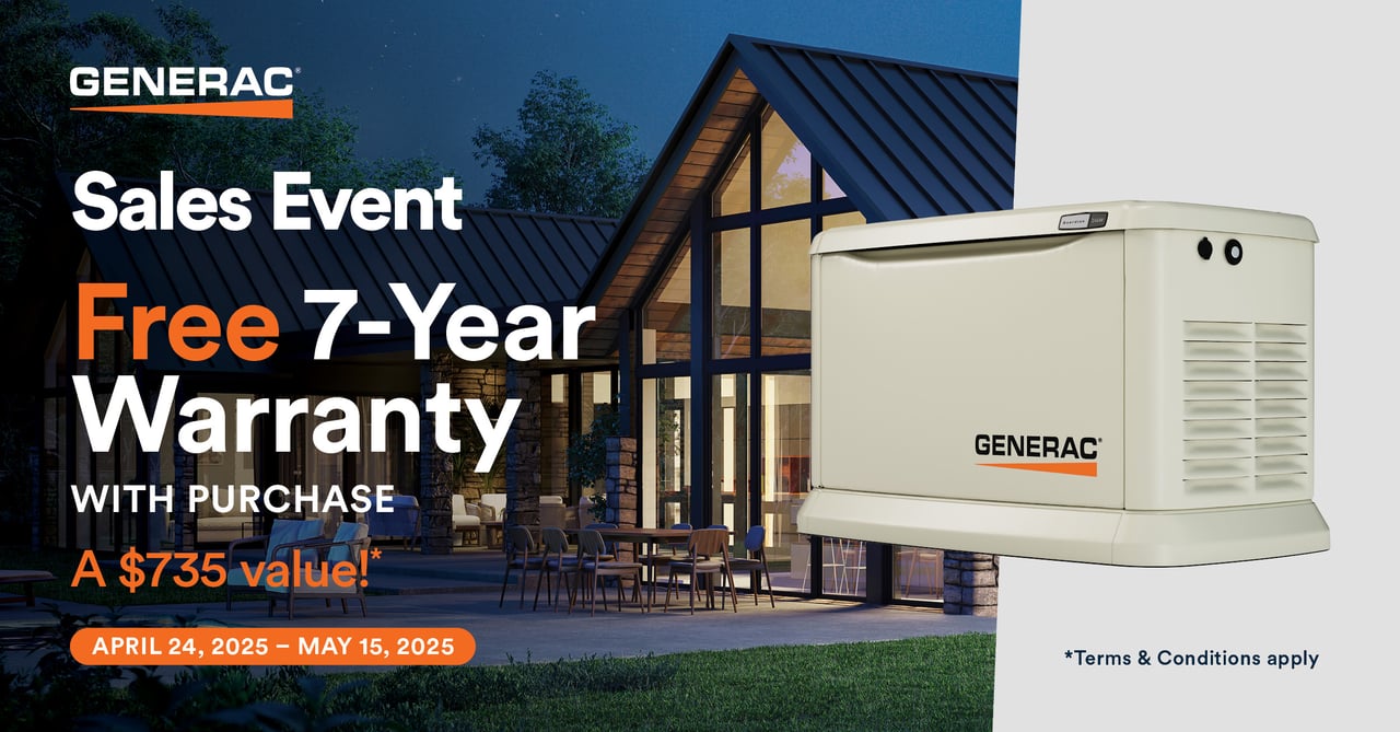Generac Spring 2025 7-Year Warranty Promotion Banner. A house under dark skies with trees and lawn. Right of the house is a Generac Home Standby Generator below the Norwall Logo. Left of the house reads Generac Sales Event Free 7-Year Warranty with Purchase a $735 Value. April-24, 2025-May 15, 2025. *Terms and Conditions Apply