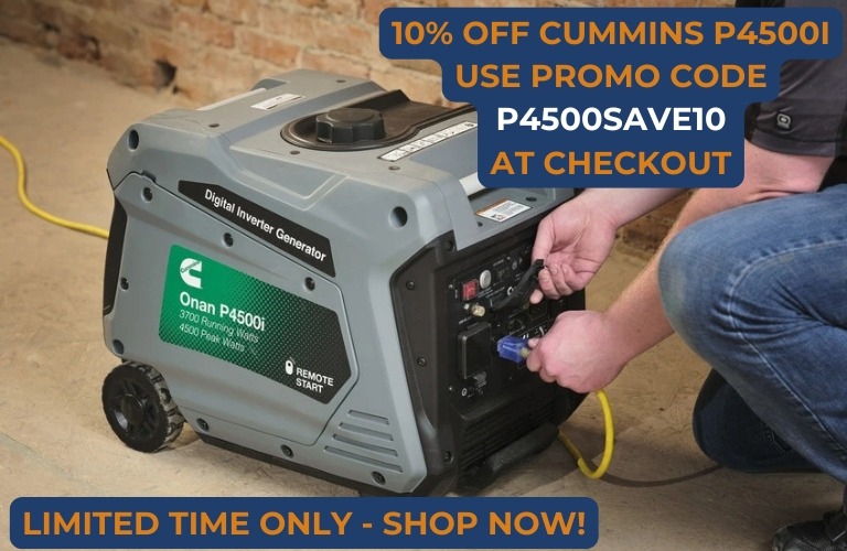 Norwall Promotion Banner. A person plugs a yellow extension cord into a Cummins P4500i Generator. Text Reads- 10% OFF Cummins P4500i. Use Promo Code P4500SAVE10 at Checkout. Limited Time Only - Shop Now