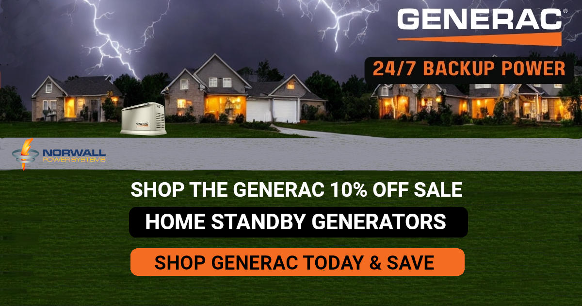 Generac Sale Banner. Only one home on a street has power during an outage caused by a storm. Lightning flashes above the homes and illuminate dark and forbidding clouds with an eerie purple-pink-dark blue light. Text Reads: Shop the Generac 10% Off Sale on Home Standby Generators. Shop Generac Today & Save