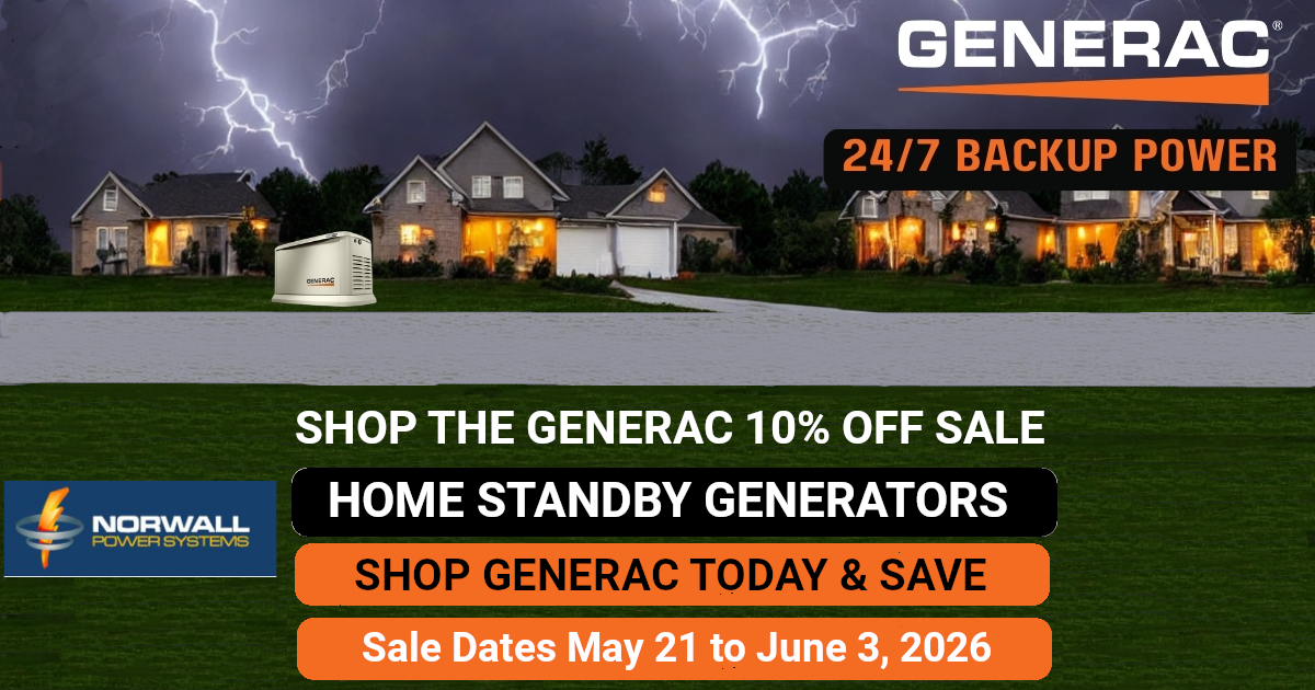 Generac Sale Banner. Homes on a street have power during an outage caused by a storm. Lightning flashes above the homes and illuminate dark and forbidding clouds with an eerie purple-pink-dark blue light. Text reads: Shop the Generac 10% off Sale! Generac Home Standby Generators. Shop Now and Save Big. 24/7 backup power. Sales runs May 21-June 3.