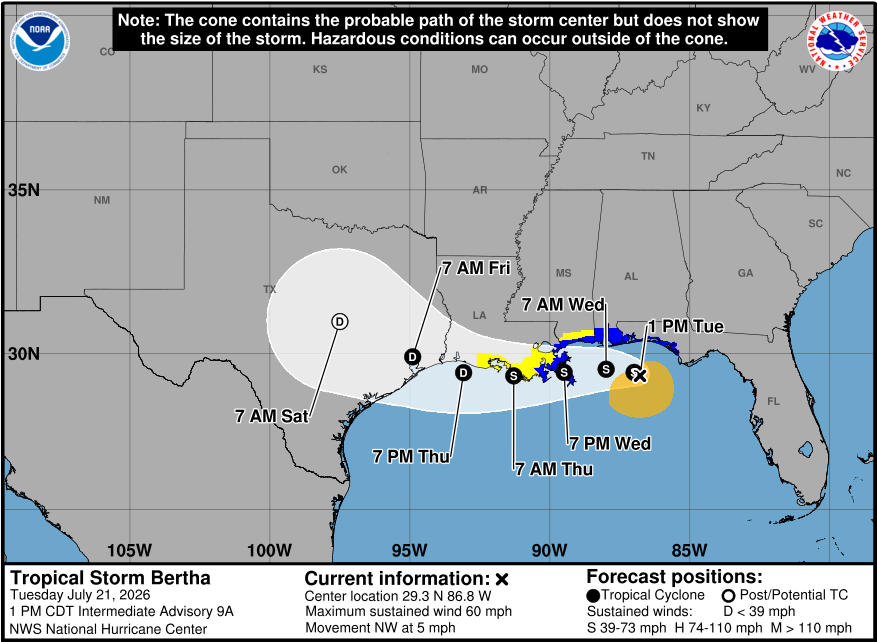 National Hurricane Center graphic depicting the projected path of Tropical Storm Bertha and the associated watches and warnings
