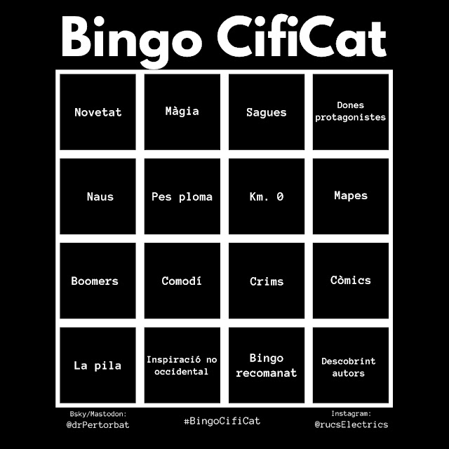 Panell 4 per 4 amb les 16 categories del repte literari Bingo Cifi Cat: Pactes amb el diable, Autores premiades, Germans, Supervivència, Novetat, Espai, Descobrint autors, No-senyoro, Mitologia moderna, Comodí, Hibridació, Mort, qui t'ha mort?, Monstres, Descobrint Àfrica, Km 0, Pes ploma