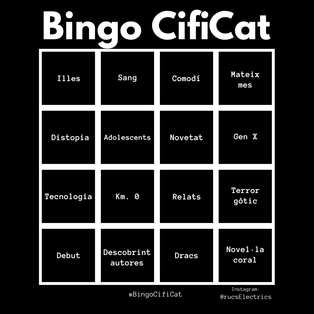 Panell 4 per 4 amb les 16 categories del repte literari Bingo Cifi Cat: Pactes amb el diable, Autores premiades, Germans, Supervivència, Novetat, Espai, Descobrint autors, No-senyoro, Mitologia moderna, Comodí, Hibridació, Mort, qui t'ha mort?, Monstres, Descobrint Àfrica, Km 0, Pes ploma