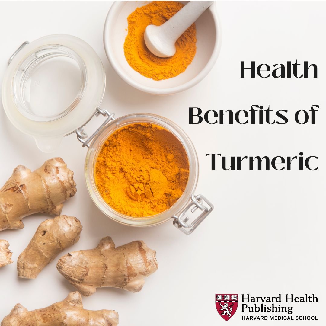 Turmeric powder in glass container with words Health Benefits of Turmeric next to it