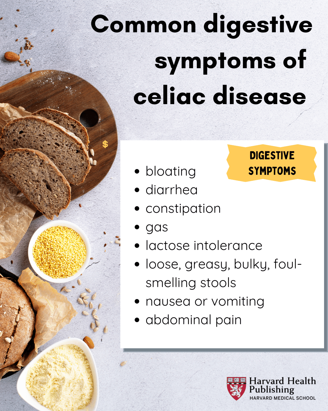 digestive symptoms of celiac disease listed next to an image of wheat and oats