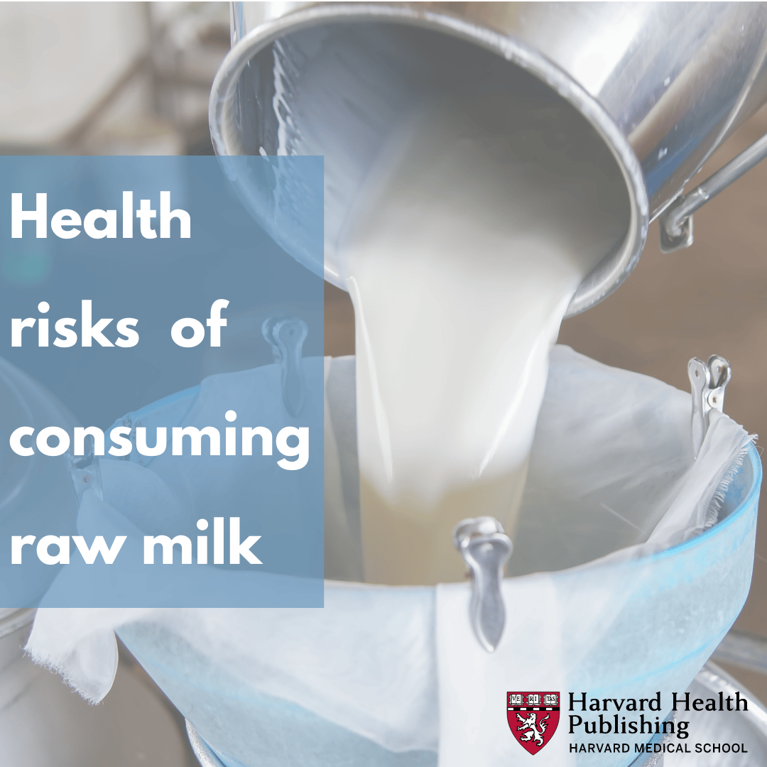 Raw milk being poured from a metal container with text that reads Health risks of consuming raw milk.