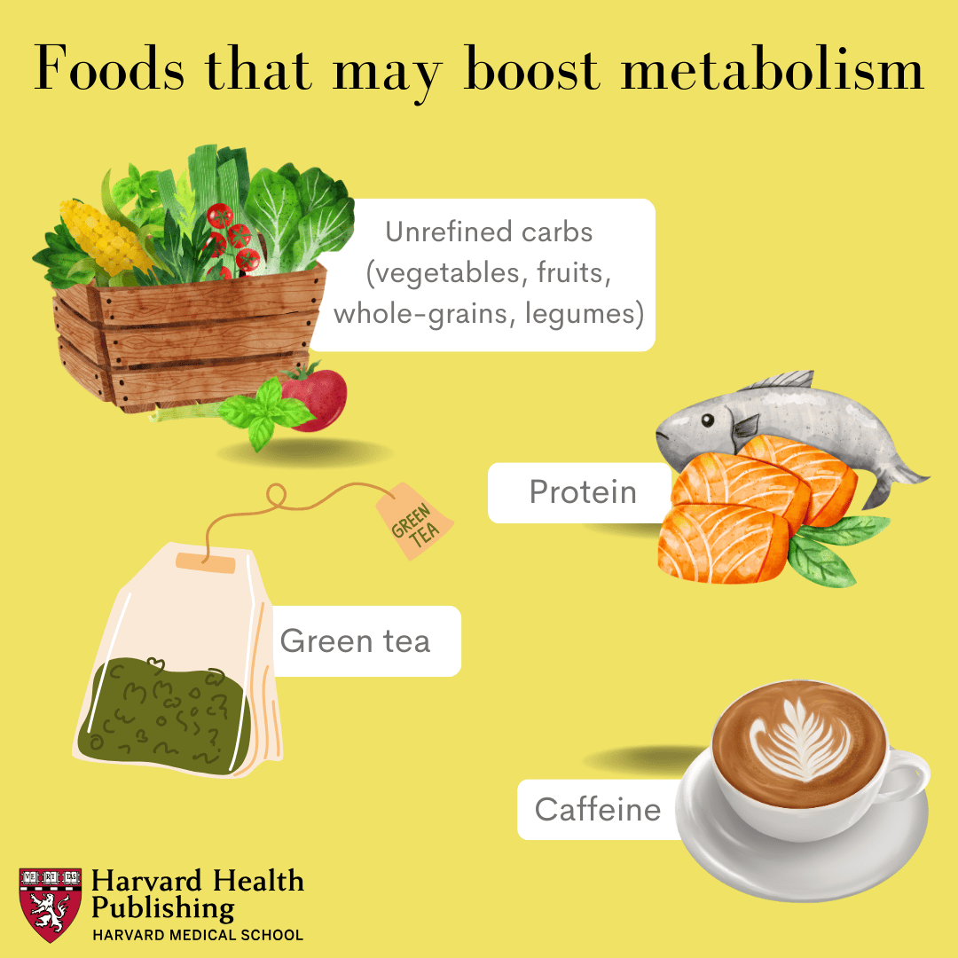 Foods that may boost your metabolism reads over graphic images of fish, vegetables in a basket, green tea bag and a cup of coffee