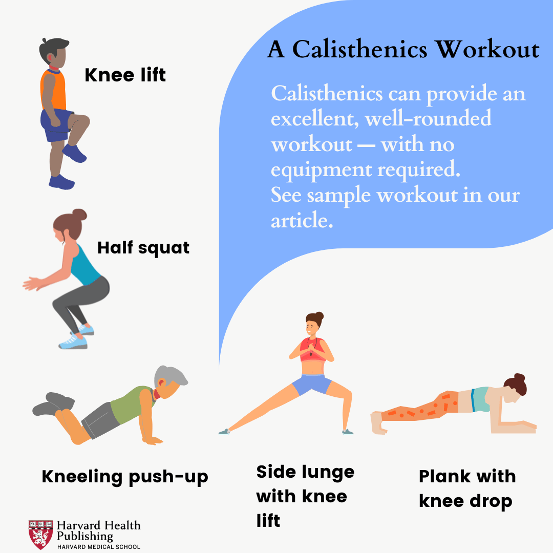 Graphics of various calisthenics exercises such as knee lifts, squats, planks, side lunge, push up