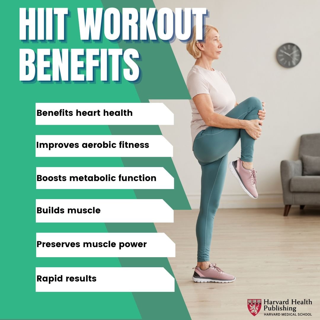 Middle ages woman holds her knee to her chest as she stretches with benefits of HIIT workouts written as title