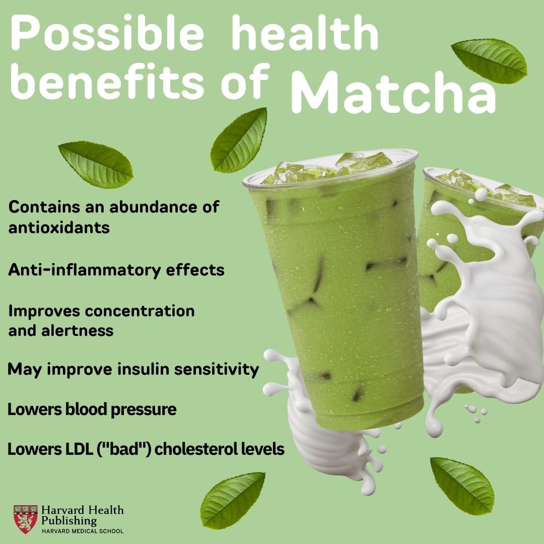cup of match iced tea with benefits in text