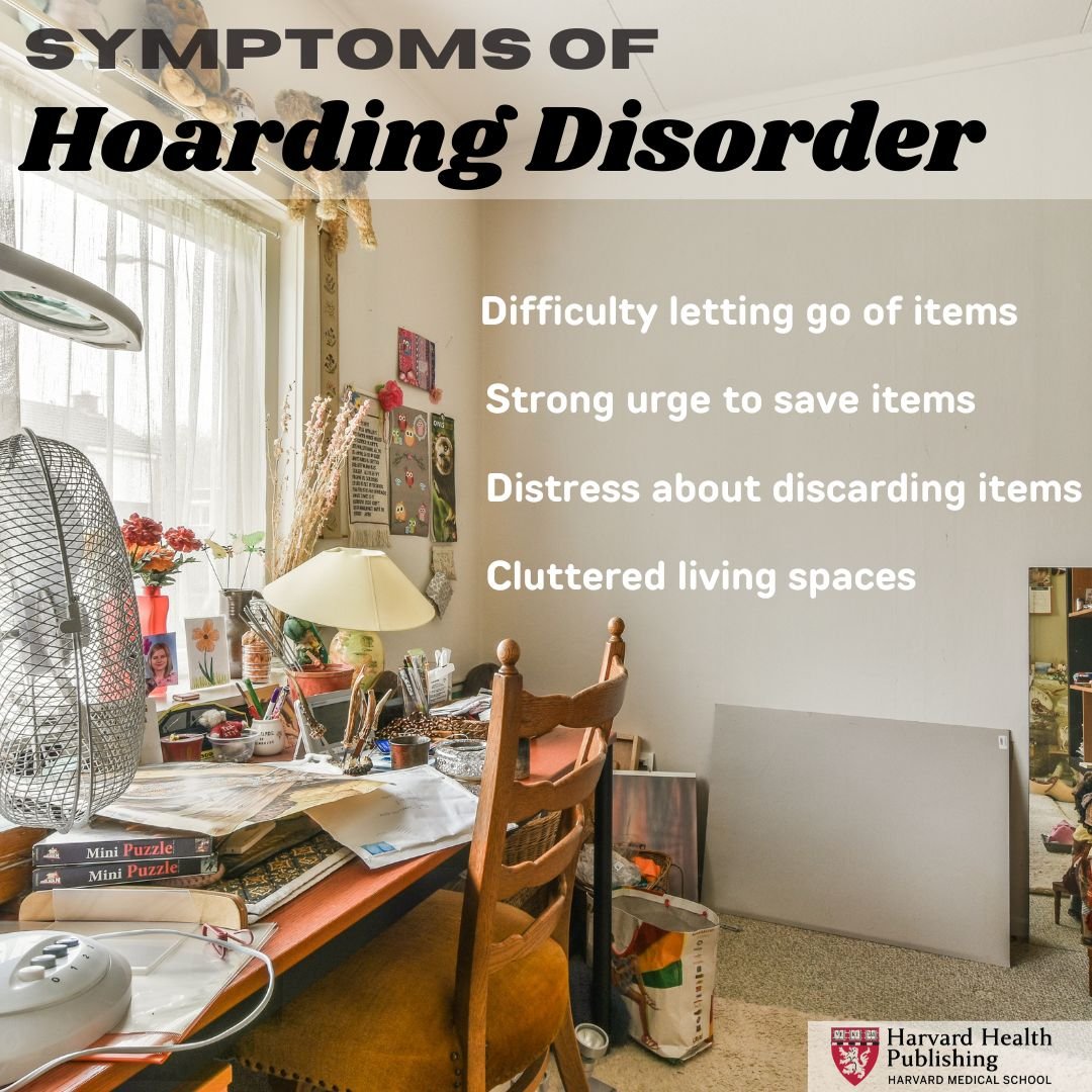 photo of a pile of clutter on a desk symptoms of hoarding in text