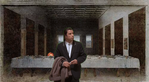 Confused John Travolta gif, with the Last Supper of Leonardo da Vinci as background. Jesus and all the apostles are hidden and appearing in random moments from different places.