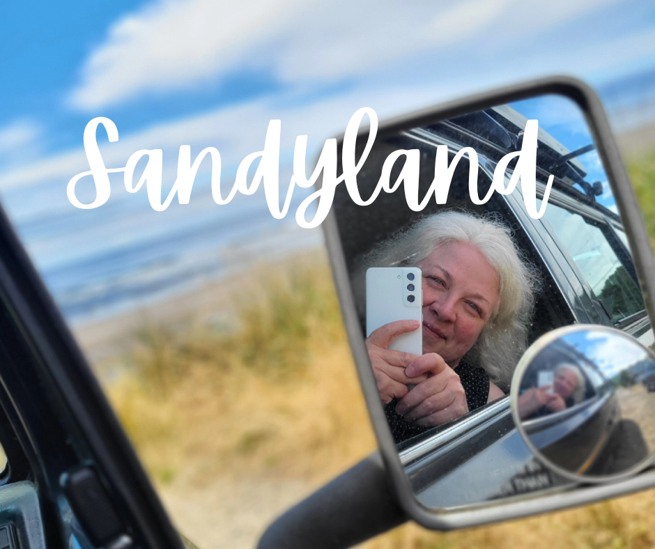 Sandy Hubbard in her van at a Pacific Ocean beach