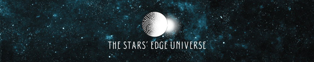 the stars edge universe logo on a dark blue galaxy background