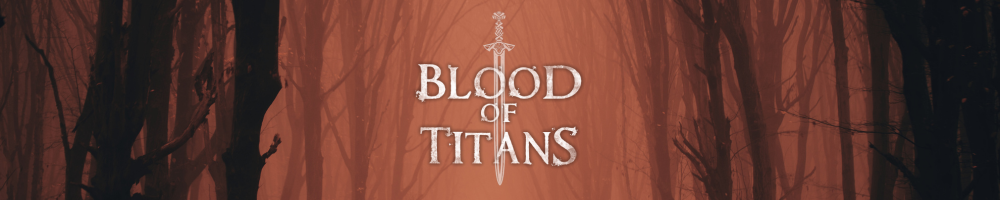 The Blood of Titans logo on a misty red forest backdrop