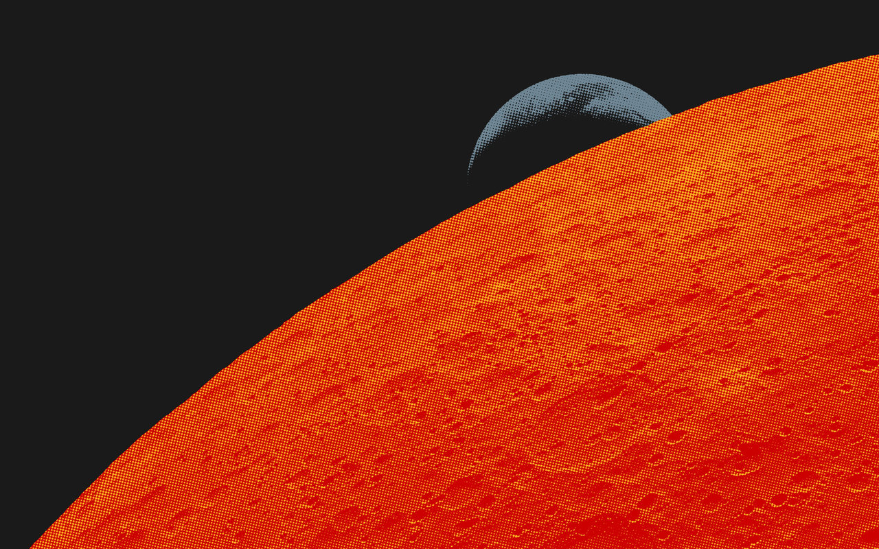 A halftone illustration of the moon's surface in red and orange with a blue crescent earth rising above the horizon against a dark sky.