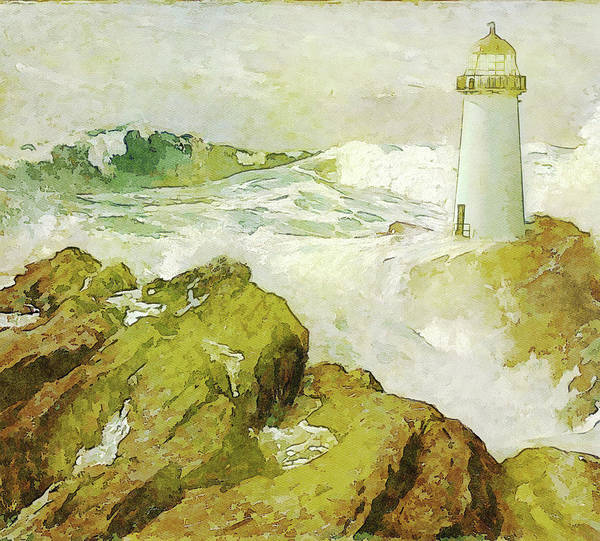 A vintage style digital painting of a lighthouse on a rocky coastline with turbulent waves of a stormy sea crashing on the rocks.