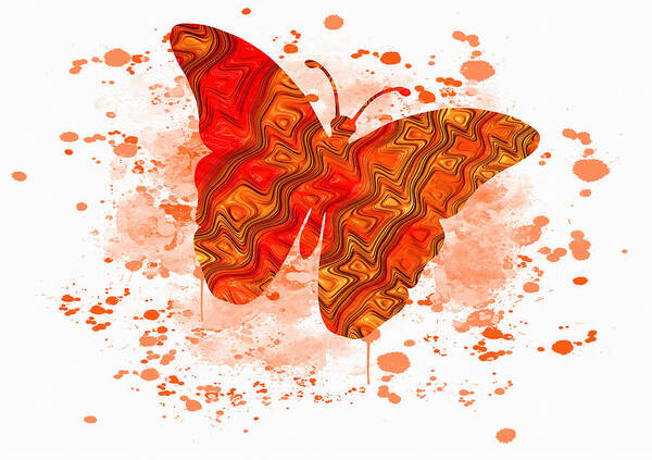 orange fractal butterfly on dripping orange watercolor background  