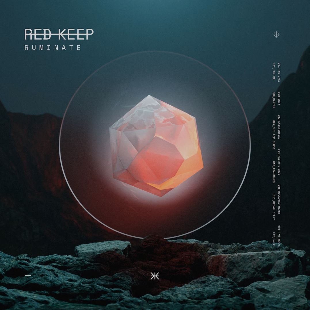 A crystal structure floating in an orb surrounded by mountains and rocks