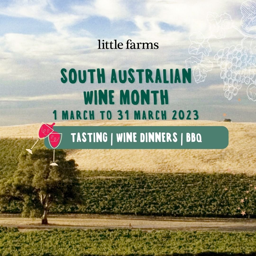 Image of Vineyard in South Australia with the Little Farms logo and text saying South Australian Wine Month 1 March to 31 March, Tasting, Wine Dinners, BBQ