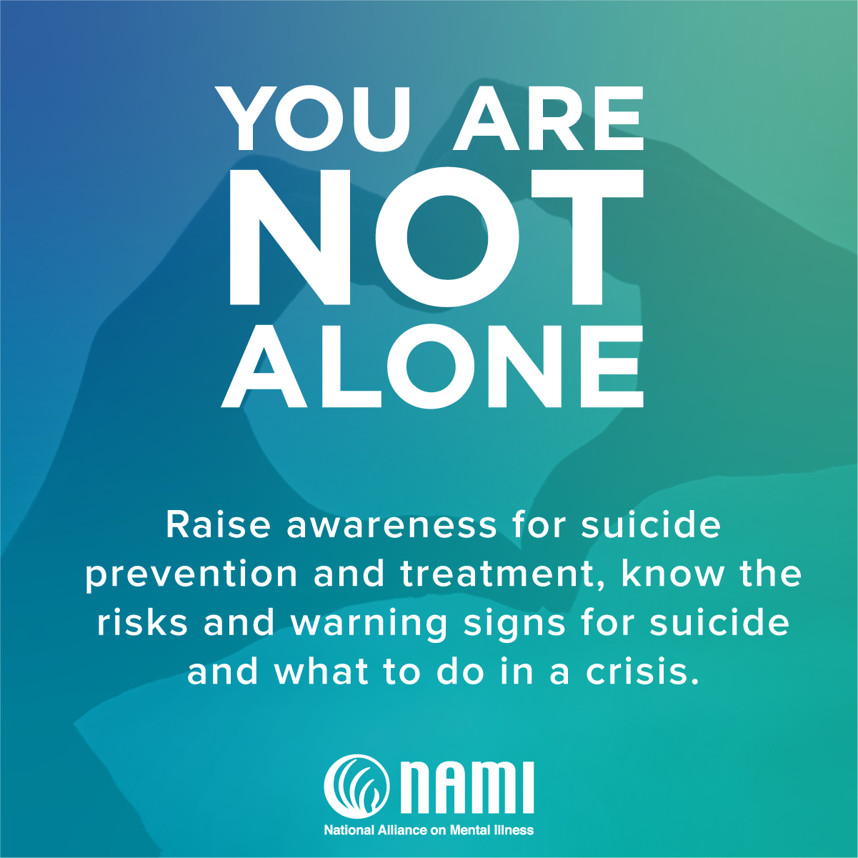Your are not alone. Raise awareness for suicide prevention and treatment, know the risks and warning signs for suicide and what to do in a crisis.