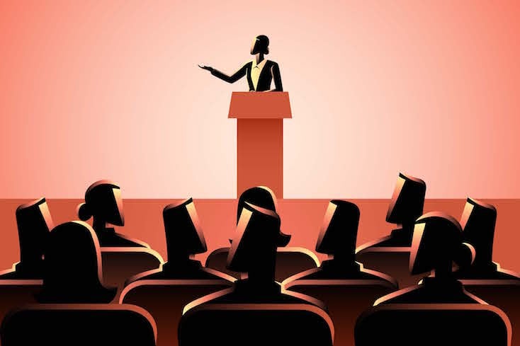 Person on podium teaching audience, clipart