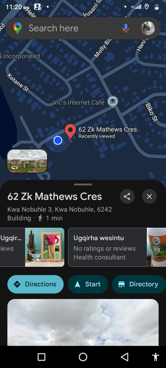 screenshot of map location of address 62 ZK Mathews crescent kwa Nobuhle