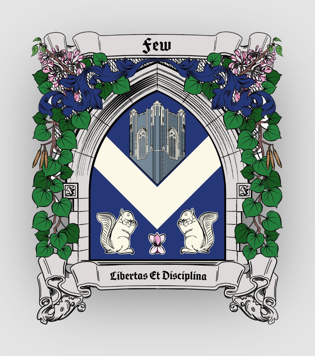 An image of Few Quad Arch featuring the tower, two squirrels, pink and blue foliage, and the motto Libertas Et Disciplina.