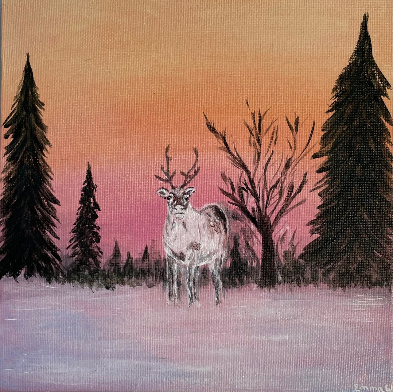 Original Acrylic Painting of a Reindeer in Winter Scene