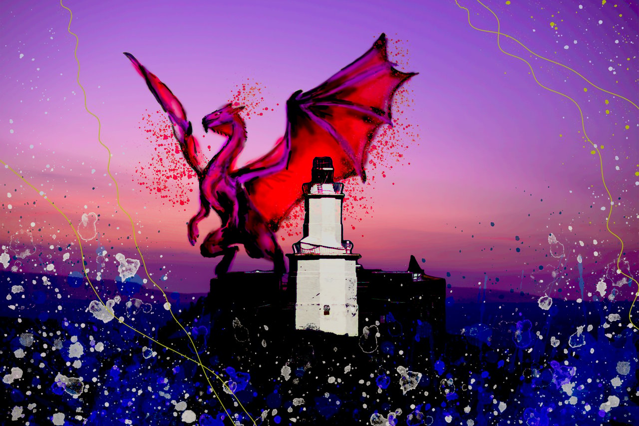 Digital Landscape artwork of a Dragon over the Mumbles lighthouse, Swansea