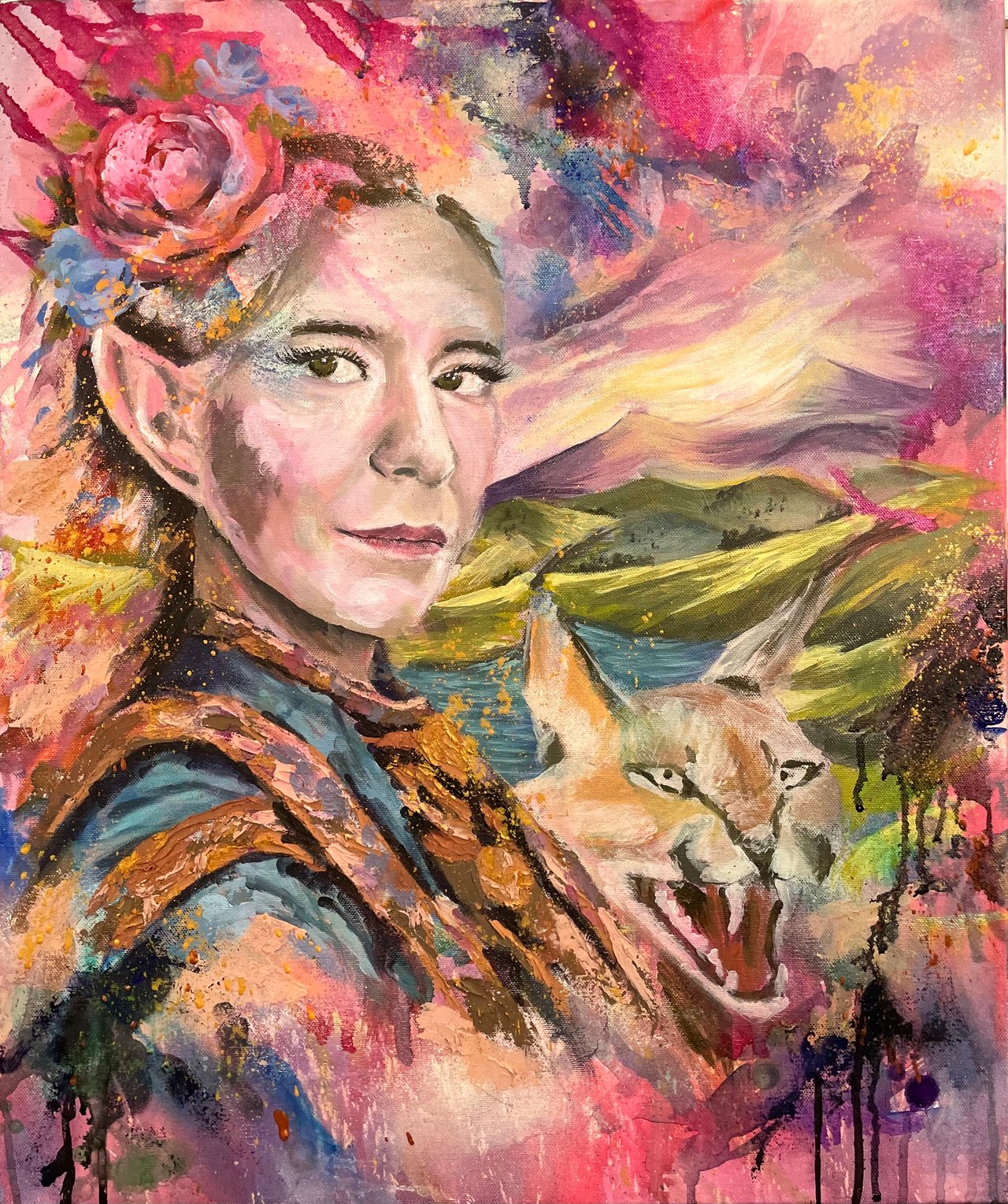 Original abstract realist painted artwork of a warrior woman and a wild cat in a landscape