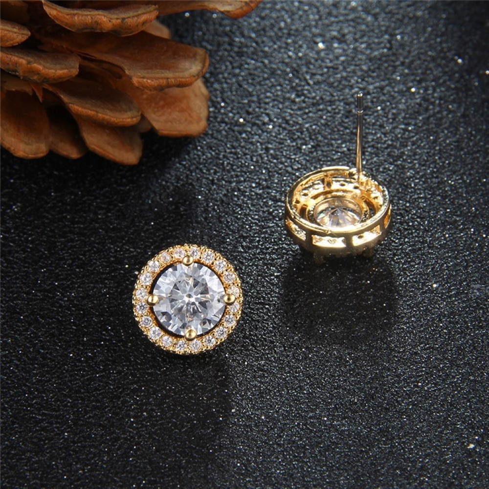 18K Silver Gold Zirconia Romantic Round Elegant Women Femme Stud Earrings 