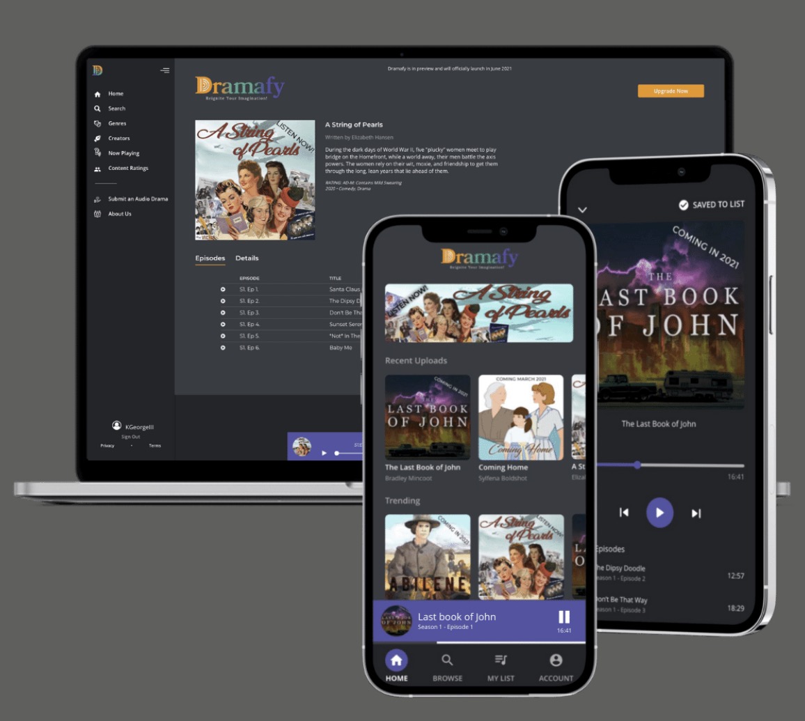 Screenshots of the Dramafy app for web, iOS, and Android