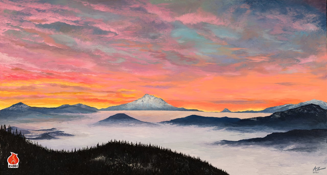 "Shasta Mountain Dawn," 2021 - An original now available as a collector's reprint at Ember Gallery Online.