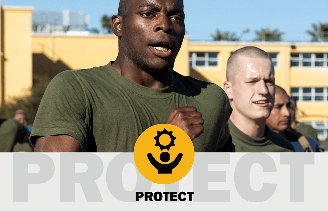 Photo of service members in exercise dress running with icon and graphics treatment that says PROTECT
