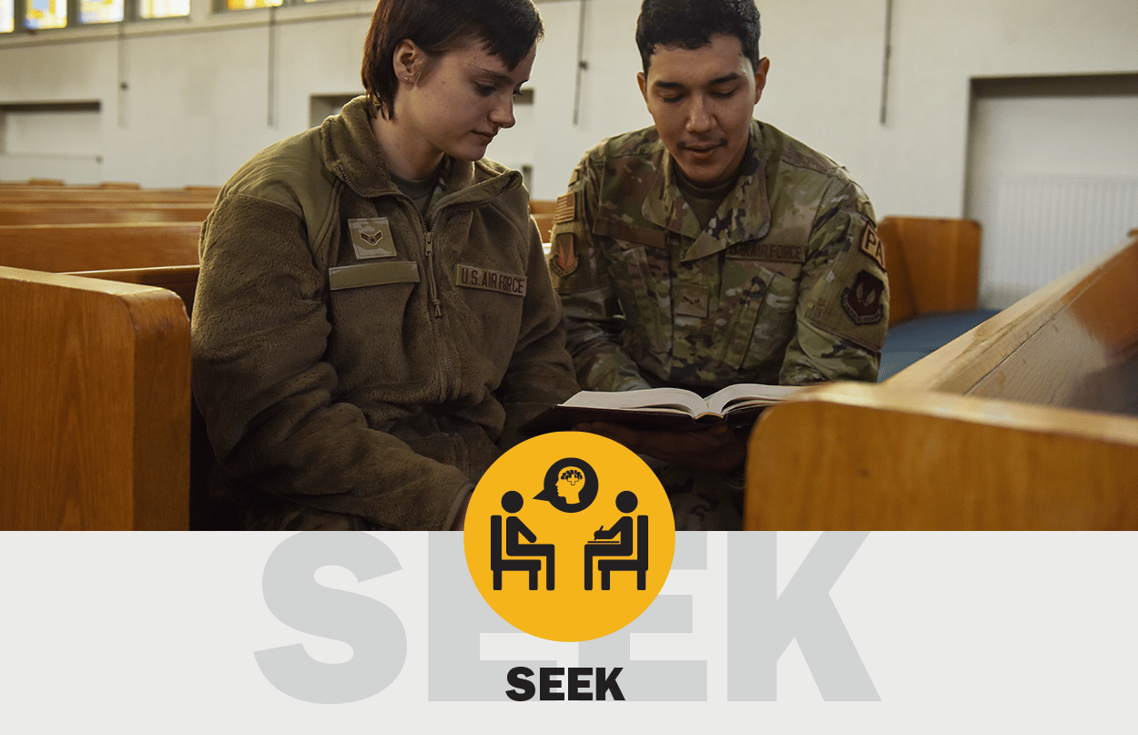 a photo of two service members in a chapel with text and icon that say SEEK