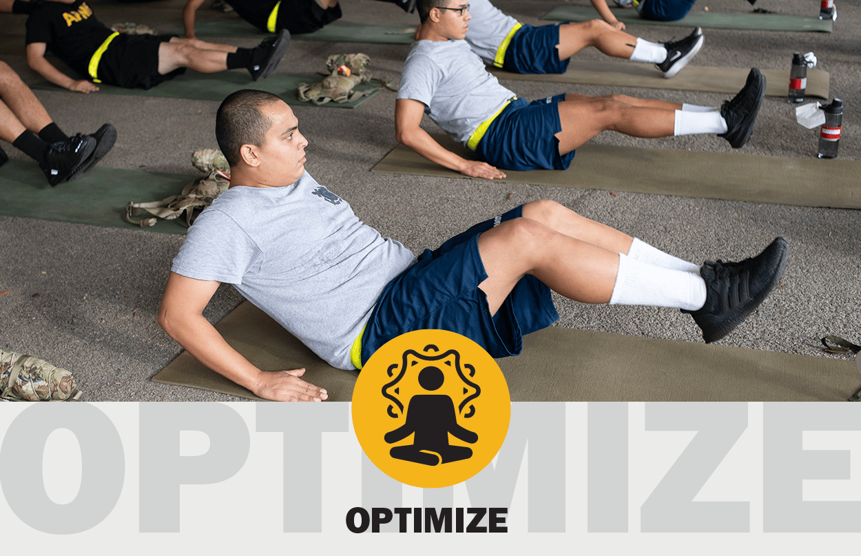 Photo of service members in an exercise formation doing crunches with text and icon that say OPTIMIZE. 