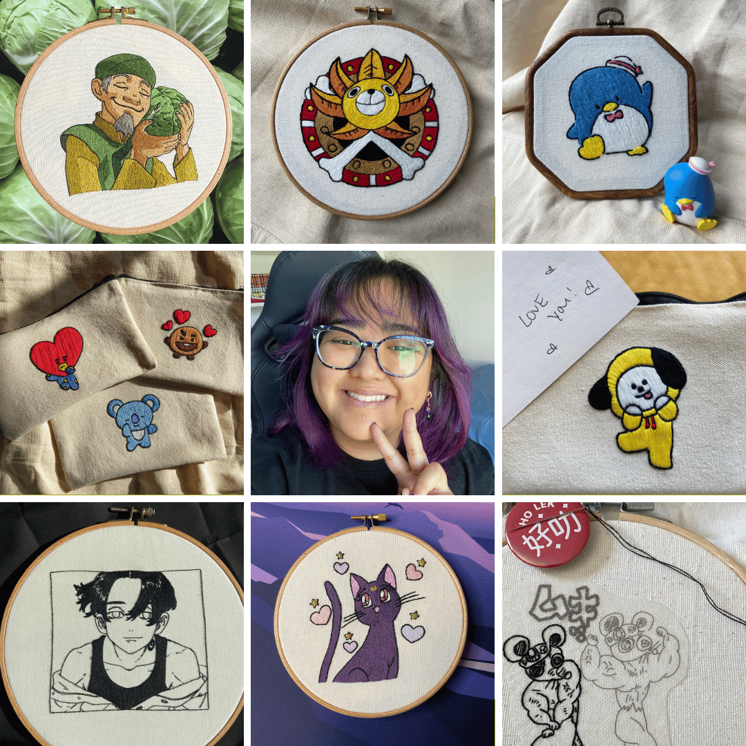Two photos of 9x9 grids that show all my embroidery hoops that I've created in 2023.