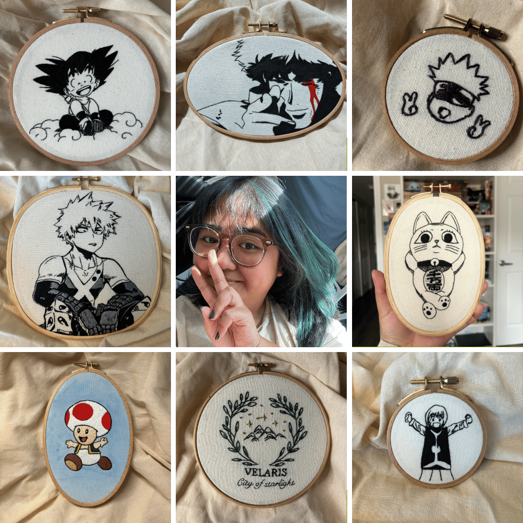 Two photos of 9x9 grids that show all my embroidery hoops that I've created in 2024.