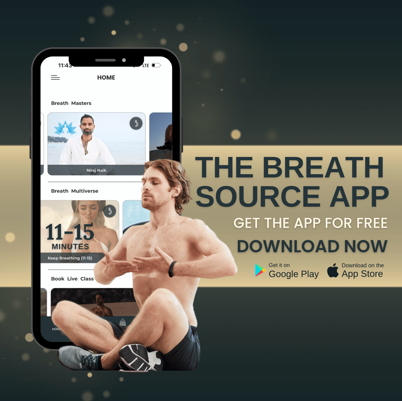 A peaceful man sitting and breathing with a phone floating in the background displaying the breath source app 