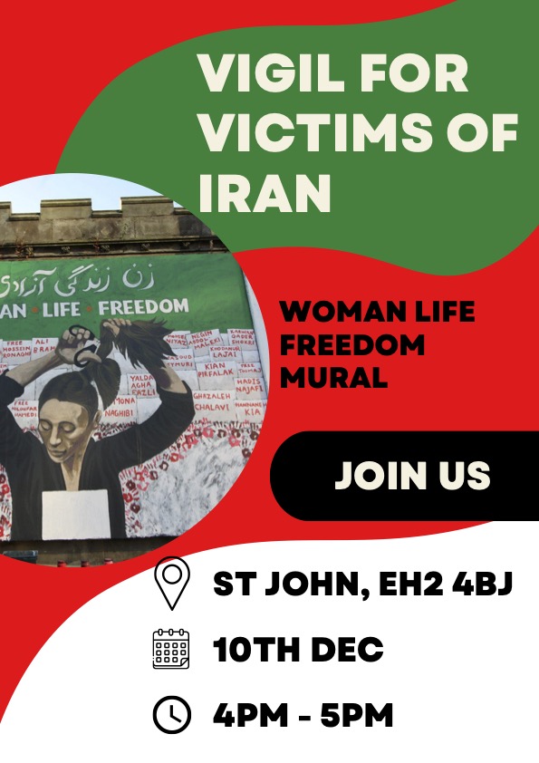 Red, green and white poster showing mural of Woman Life Freedom at St John's, Princes Street, Edinburgh