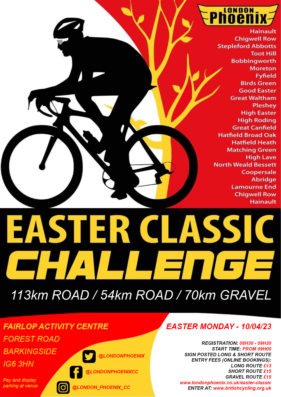 Entries open for the 2023 Easter Classic apply through Brirtish Cycling https://www.britishcycling.org.uk/events/details/279639/The-London-Phoenix-Easter-Classic-2023g