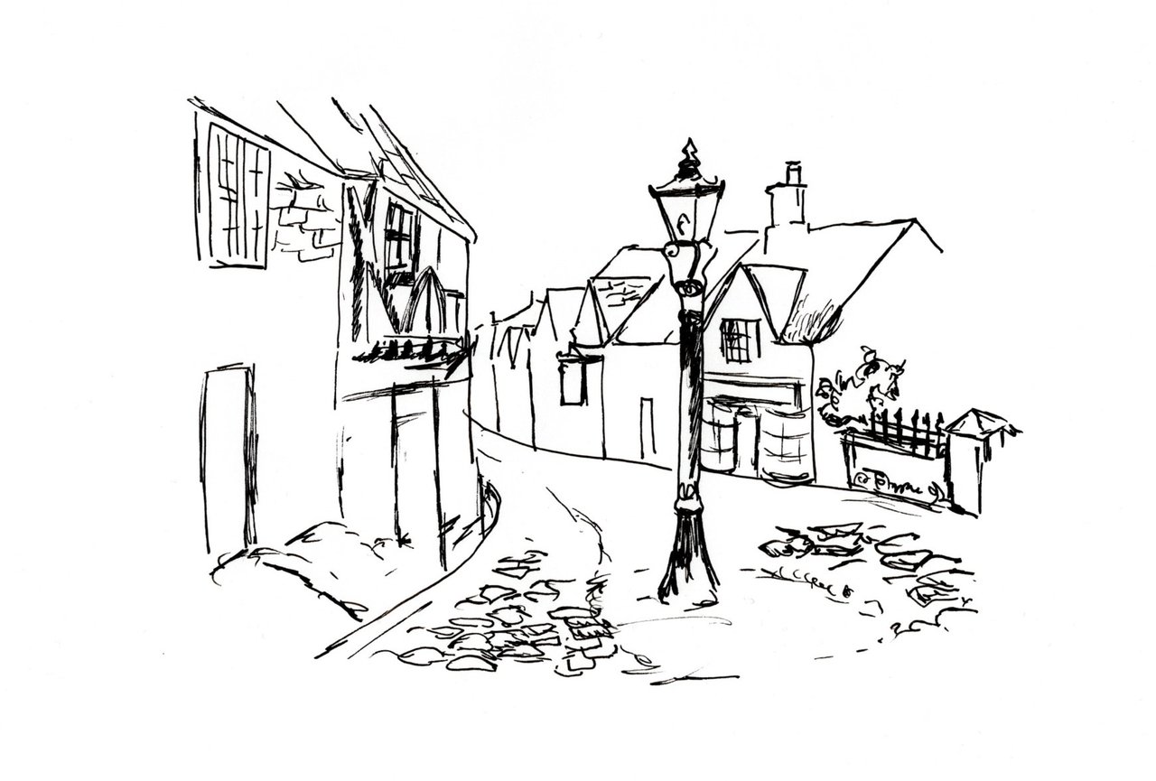 A simple sketch of Lightbear Lane - a small English lane with red-brick buildings. A gallery on the left, a book shop in the right, and a street lamp in the centre foreground. Further down the cozy lane are other shops, a public garden, and a coaching inn.