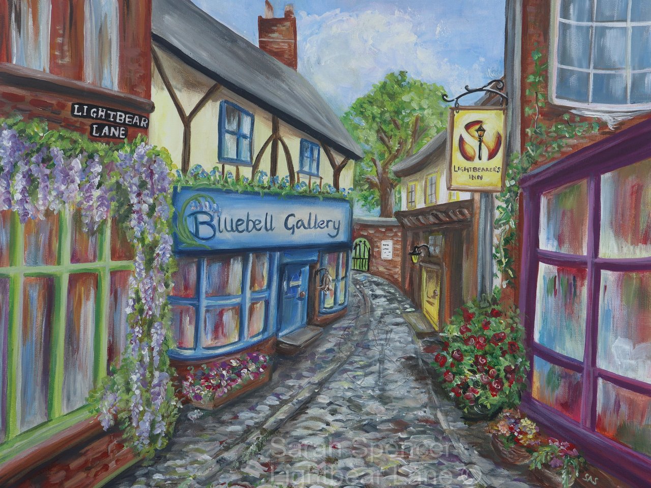 An image of Lightbear Lane with Bluebell Gallery, Lightbearer's Inn, and Books in Brooks bookshop, acrylic on canvas board