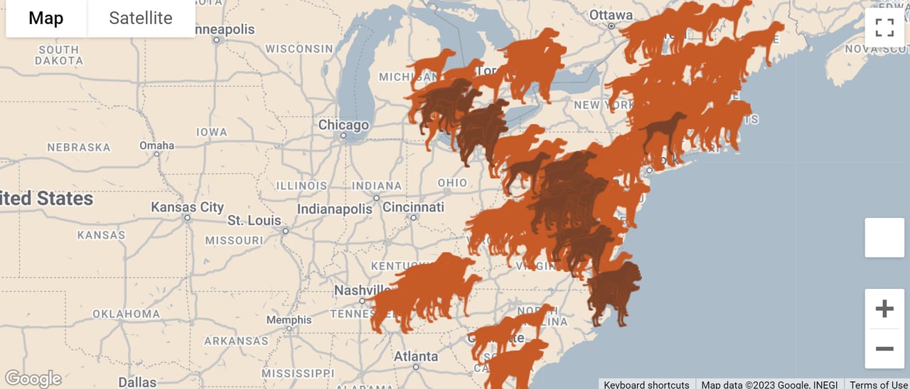 Google Maps projection of the eastern United States populated with colored Intrepid Pup icons representing locations visited. 